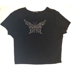 Women’s SHEIN Short Sleeve Black Rhinestone Butterfly Crop Top. Size XS